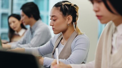 Poster - Japanese, people and students with education at college with laptop, studying and test research of university exam. Women, writing and information with learning, academic lecture and planning project