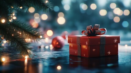 Poster - A red box with a bow on top sits on a table next to a Christmas tree