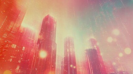 Poster - A futuristic cityscape with glowing lights and a hazy, colorful sky.