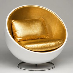 A white and gold futuristic egg chair with a chrome base.