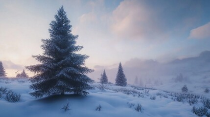 Poster - A snow covered pine tree stands in a field