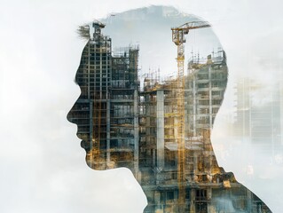 Poster - Double exposure of man, crane and progress buildings
