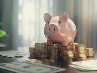 Wall Mural - ecuring your savings. A piggy bank and stacked coins on dollar bills for National Financial Awareness Day.