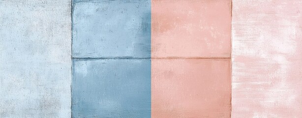Poster - Concrete wall tiles painted in pastel pink, light blue and white colors forming a geometric pattern, creating a modern and minimalist background