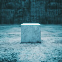 Poster - Minimalist concrete cube pedestal on a grungy background.