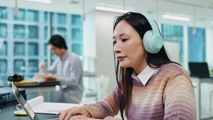 Poster - Headphones, laptop and education notes at university with Japanese woman, study and thesis writing. College, class and knowledge with notebook, screen and website research for phd of graduate and app