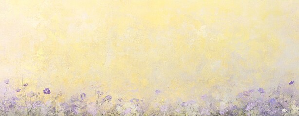 Poster - Purple wildflowers blooming in a soft yellow abstract field create a serene and dreamy springtime nature background with copy space