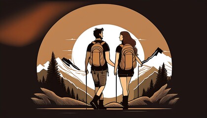 Aufkleber -  Male and female hikers with backpacks set against a black background in a simple vector sil_1(569)