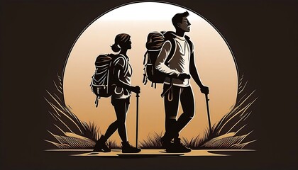 Aufkleber -  Male and female hikers with backpacks set against a black background in a simple vector sil_1(568)
