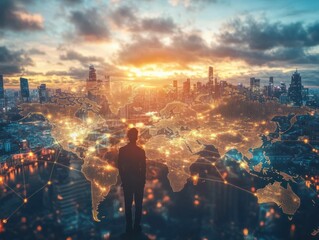 Poster - Global network connecting people using technology over world map