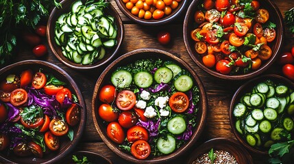 Poster - Vibrant Bowl of Fresh Vegetables with Cucumbers and Tomatoes topping a Wooden Table Display : Generative AI