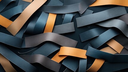 Wall Mural - Abstract arrangement of overlapping blue and orange ribbons on a dark background, creating a textured and layered pattern.