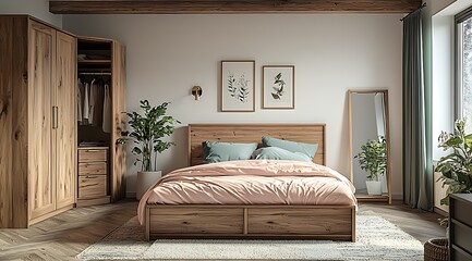 Poster - Tranquil Modern Bedroom Interior with Wooden Furniture and Subtle Decor : Generative AI