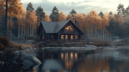 Poster - Serene Autumn Log Cabin by a Tranquil Lake in a Forest Landscape : Generative AI