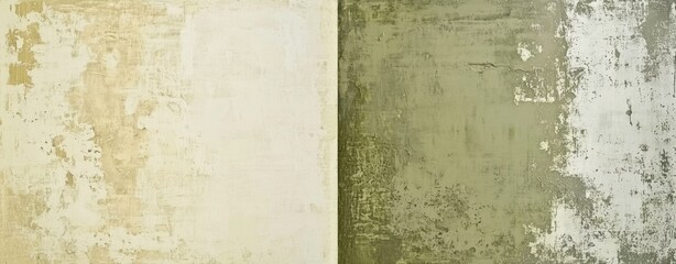 Poster - Close-up of a distressed two-tone concrete wall with peeling paint and textured surface in beige and olive green