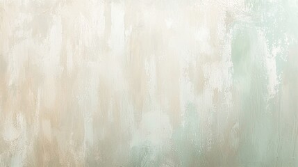 Poster - Wide panoramic background showcasing a textured concrete wall painted in light green and beige tones, featuring visible brush strokes and a subtle gradient effect