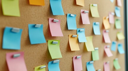Poster - A vibrant display of colorful sticky notes pinned on a corkboard, illustrating organization and brainstorming ideas.