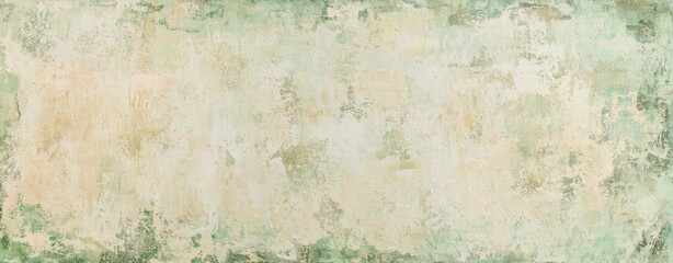 Poster - Panoramic view of a weathered wall with a textured surface featuring a mix of green and beige tones, creating a vintage or antique effect suitable for backgrounds and design projects