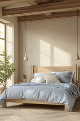 Poster - Cozy Minimalist Bedroom Interior with Natural Light and Wooden Furniture : Generative AI