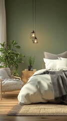 Poster - Contemporary bedroom design featuring soft tones and indoor plants : Generative AI
