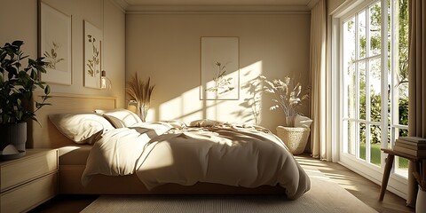 Poster - Bright and Airy Bedroom with Large Window and Natural Greenery : Generative AI
