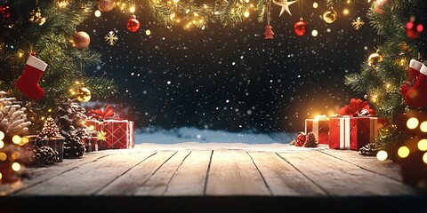 Aufkleber - Decorative Christmas Scene with Presents and Tree Ornaments under Falling Snow at Night : Generative AI