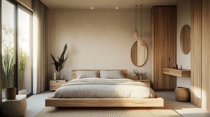 Aufkleber - Scandinavian Minimalist Bedroom Design with Wooden Furniture and Large Windows : Generative AI