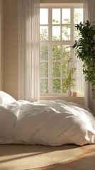 Poster - Bright and Airy Minimalist Bedroom with Large Windows and Green View : Generative AI