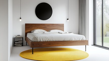 Poster - Chic Bedroom Design with Modern Wooden Accents and Bold Yellow Decor : Generative AI