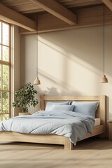 Aufkleber - Modern Bedroom with Large Windows and Wooden Elements Embracing Nature Light : Generative AI