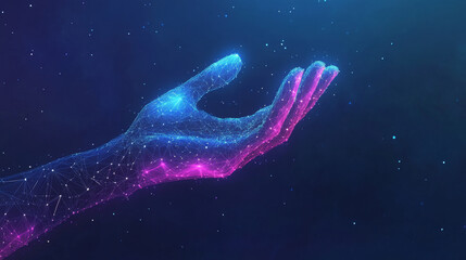 Poster - robot arm and hand human. touch technological concept. low poly blue. polygonal abstract health illu