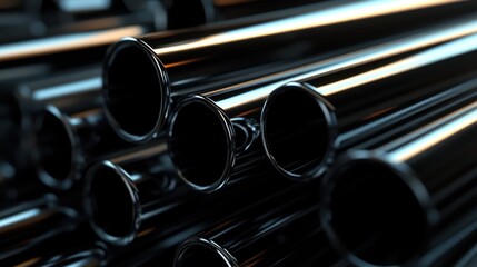 Poster - Close-up View of Glossy Metal Tubes Arranged in a Dynamic Composition, Highlighting Reflective Surfaces and Shiny Textures in an Industrial Setting