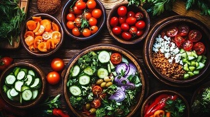 Poster - Colorful Array of Fresh Vegetables Displayed in Wooden Bowls for Healthy Eating Choices : Generative AI