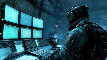 Poster - Tactical Operator Analyzing Data in High-Tech Control Room with Multiple Screens Illuminating the Dark Environment and Providing Critical Information