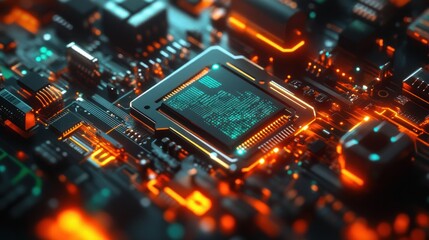 Poster - Close-up of a Circuit Board with Glowing Orange and Green Lines