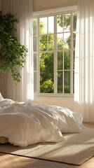 Poster - Tranquil Bedroom with Sun-Filled Windows Overlooking Lush Greenery : Generative AI