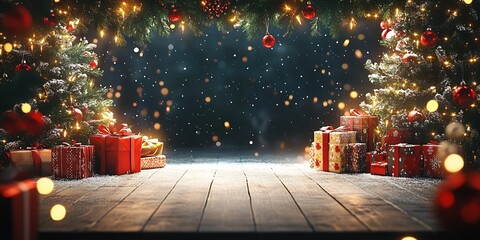 Aufkleber - Christmas Gifts and Ornaments Arranged on Wooden Table with Snowflakes and Twinkling Lights : Generative AI