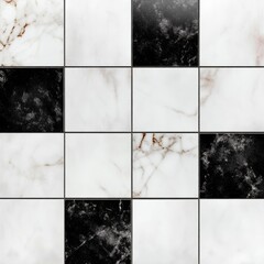 Poster - Checkerboard pattern of black and white marble tiles with subtle gold veins.