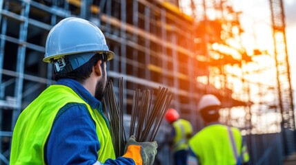 Poster - A close-up of construction workers in safety gear lifting rebar, with scaffolding and an active construction site as the background. The scene highlights teamwork and the energy of construction.