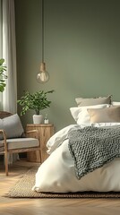 Poster - Cozy modern bedroom interior with green walls and natural elements : Generative AI