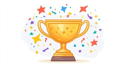 Poster - Golden Trophy Surrounded by Colorful Confetti and Stars, Representing Victory, Achievement, Celebration, and Success in Illustration Art for Stock Photography Use