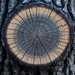 Poster - Close-up of a tree trunk cross-section, revealing intricate rings and textures.