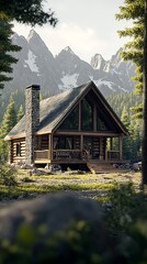 Aufkleber - Charming Log Cabin Getaway Surrounded by Majestic Alpine Peaks : Generative AI