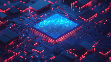 Aufkleber - a blue, glowing ai chip is shown on a dark tech background. it's a detailed illustration of a microc