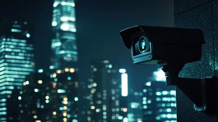 Poster - Urban Surveillance Camera Monitoring Cityscape at Night with Glowing Skyscrapers in the Background Enveloped in a Mysterious and Futuristic Atmosphere