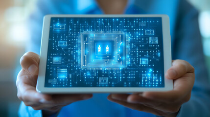 Poster - A scientist holds a tablet showing an AI chip.  This image represents technological advancements and artificial intelligence.