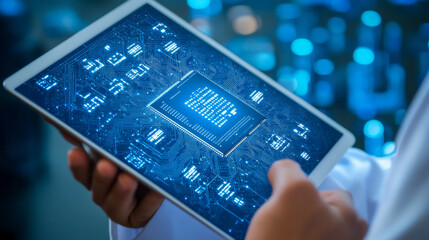 Poster - A scientist holds a tablet showing an AI chip.  This image represents technological advancements and artificial intelligence.