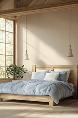 Poster - Serene Modern Bedroom Design Featuring Wooden Beams and Abundant Natural Light : Generative AI