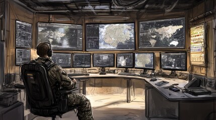 Poster - Military Operator in a High-Tech Control Room Analyzing Data on Multiple Screens with Global Maps and Surveillance Information
