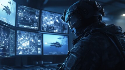 Poster - Highly Skilled Soldier Monitoring High-Tech Displays in a Tactical Operations Center During a Night Mission in a Futuristic Military Setting